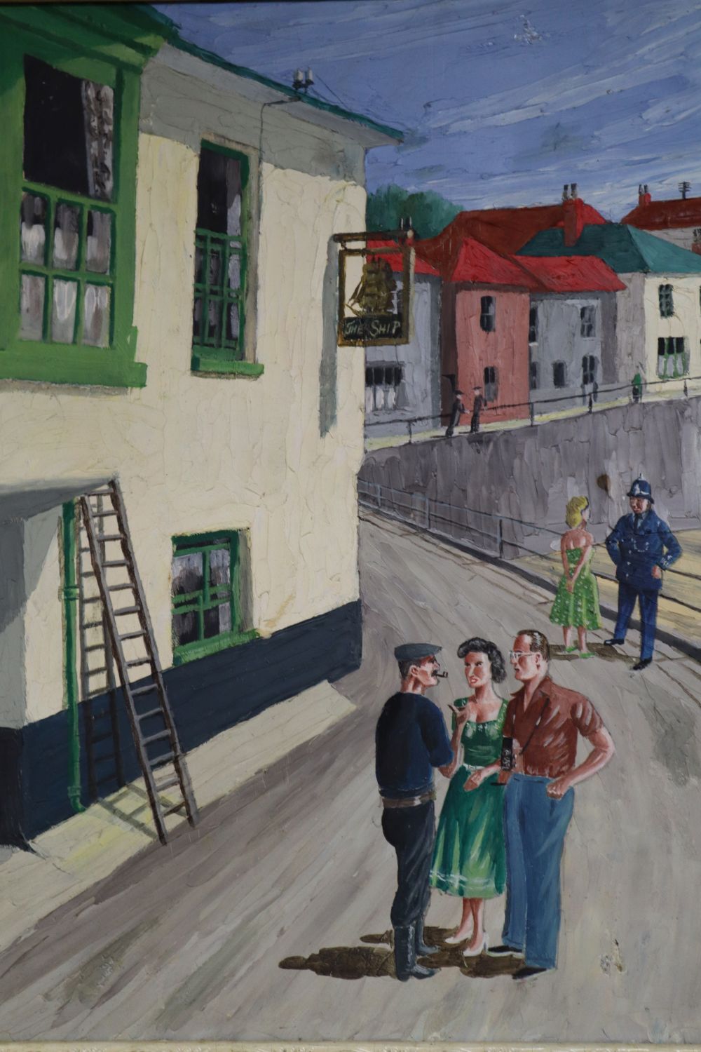 Reg Mitchell, oil on board, Figures in the street beside The Ship Inn, signed, 46 x 40cm